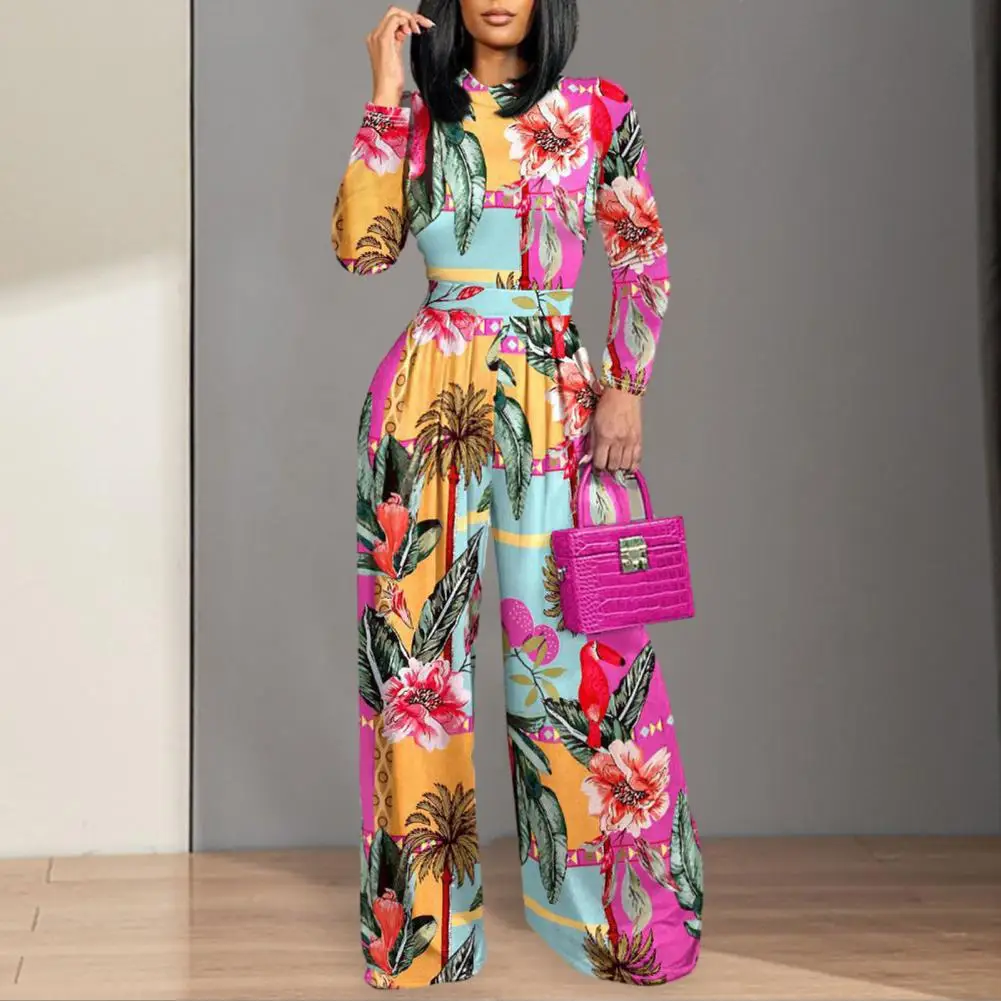 

Women Printing Jumpsuit Elegant Office Lady Long Romper Women's Autumn Winter Printing Jumpsuit with O-neck Long Sleeve Waist