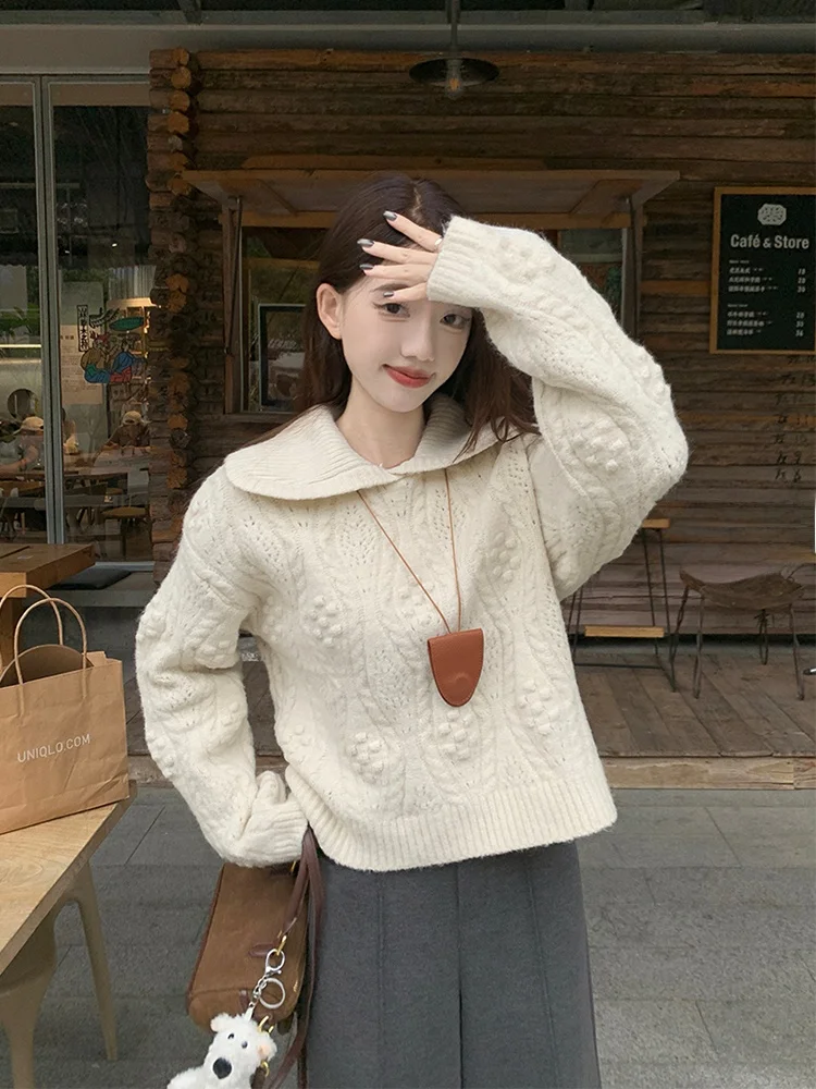 Плюс размер Huax Day Hair Синий кукольный воротник Вязаная женская осенне-зимняя