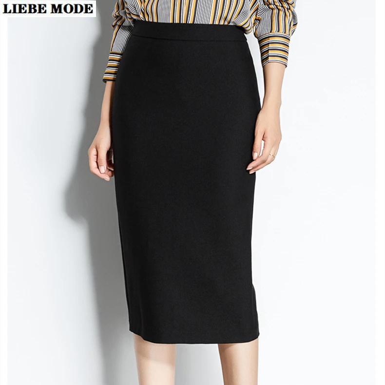 Skirt High Waist Career Package Hip Black Navy Blue Burgundy Plus Size Knee Length Jupe Femme