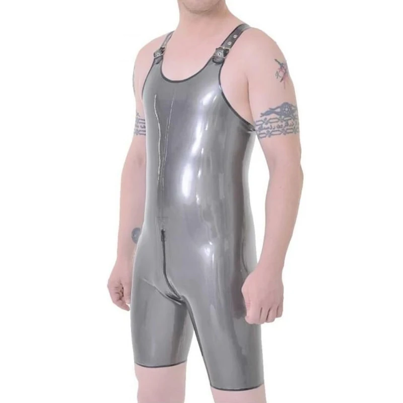

Black And Silver Sexy Latex Swimsuit With Front To Back Crotch Zipper Belts Rubber Surfsuit Body Suit Catsuit Bodysuit LTY-0320