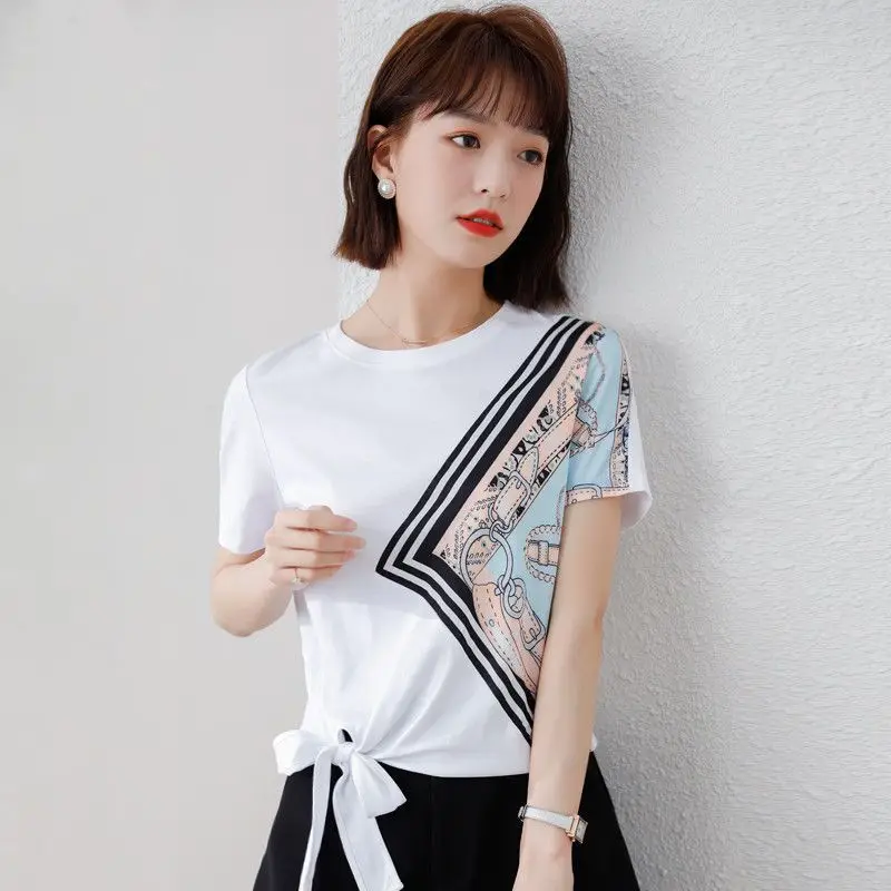 Fashion Printed Bandage Bow Blouse Women's Clothing 2023 Summer New Oversized Casual Pullovers Tops Asymmetrical Shirt