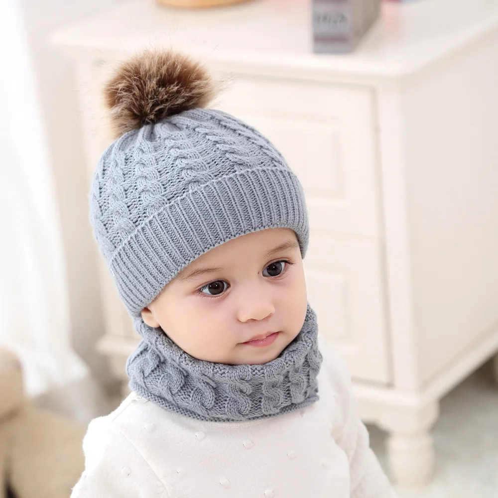 

Kids Hats Scarf 2 Pieces Sets Baby Girls Boys Solid Color Children Accessories Newborn Baby Winter Warm Kit Furry Balls