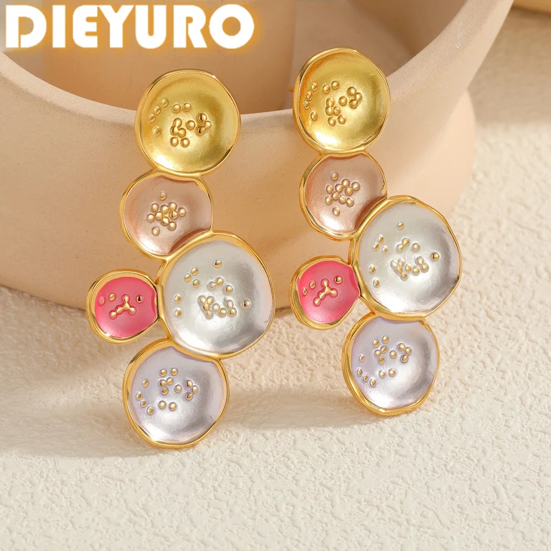 Фото Серьги-гвоздики DIEYURO из нержавеющей стали 316L с цветной эмалью и геометрическим узором для женщин, модные серьги-подвески, ювелирные изделия, праздничный подарок №1