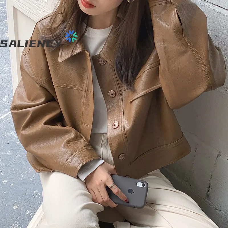 

Korea Chic Autumn Handsome Lapel Single-breasted Loose Casual Long-sleeved Biker Clothes PU Leather Jacket Short coat Female