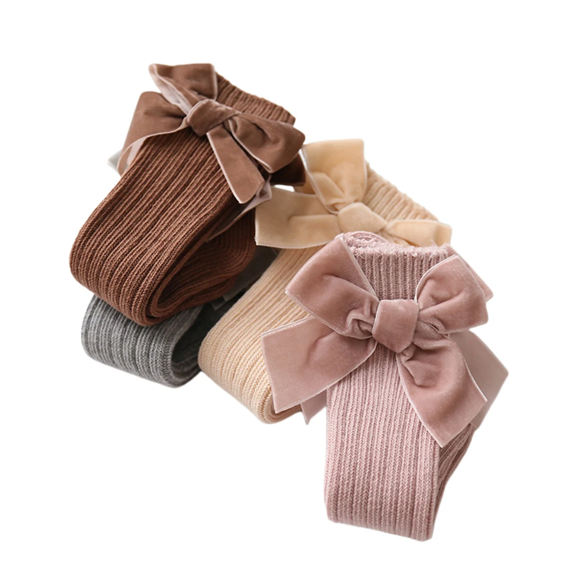 

Baby Girl Knee High Rib Stockings Winter Warm Combed Cotton Knitted Stockings with Big Velvet Bow for Infants Toddlers 1-3Years