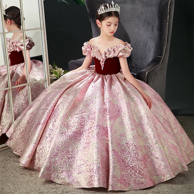 Girls Christmas Dress Elegant Princess Gown For Girls Wedding Dress Flower Appliques Kids Evening Prom Dress Party Events Dress