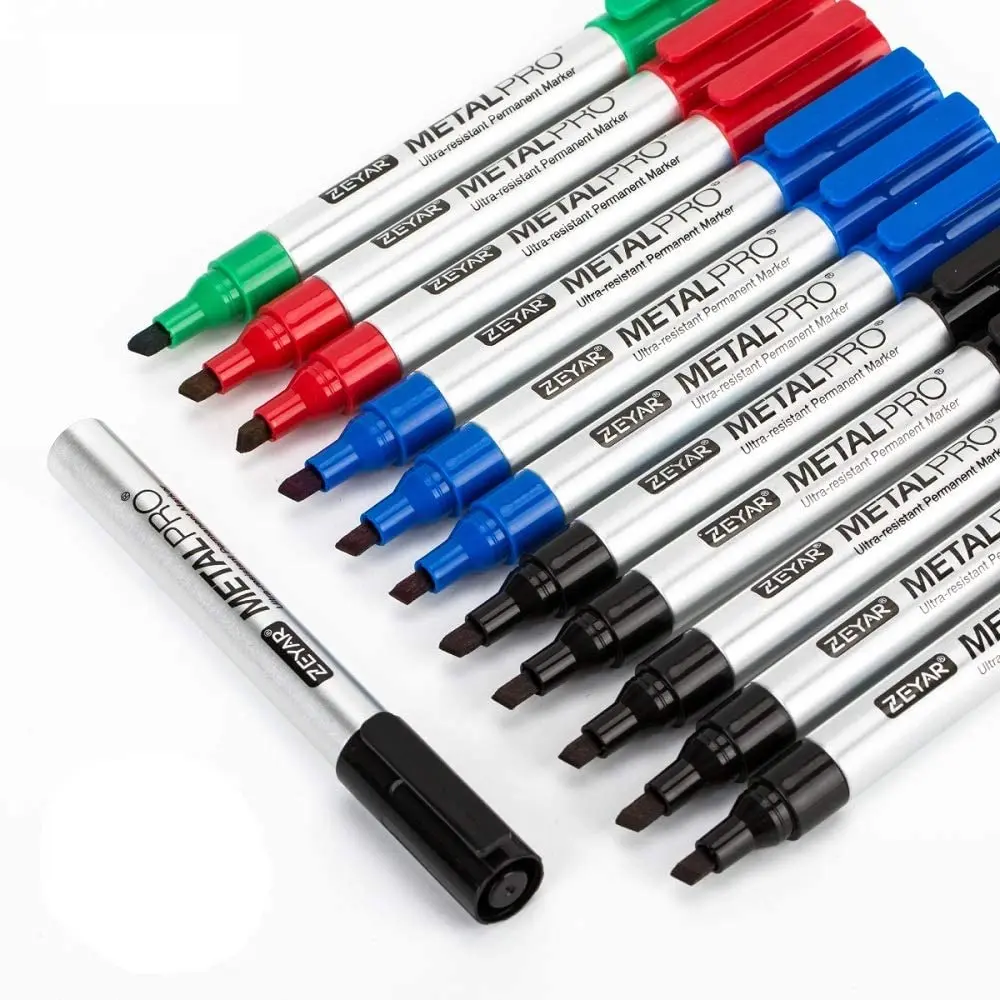 Permanent Markers, Chisel Tip, Set of 12, 4 Colors, Premium Waterproof & Smear Proof Aluminum Barrel Markers, Quick Drying