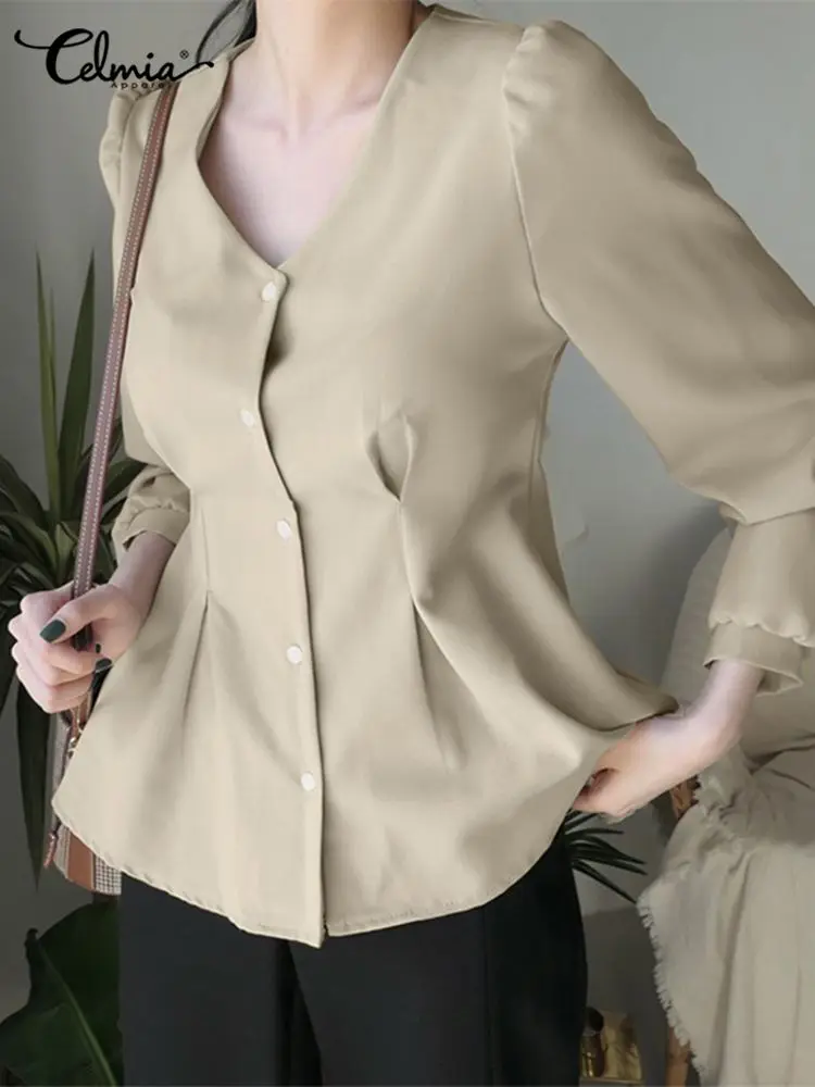 

Celmia Office Lady 2022 Fashion Tops Solid Long Sleeve Women Casual Shirt Pleats Sweet Korean Style Elegant Tunic V-neck Blouse