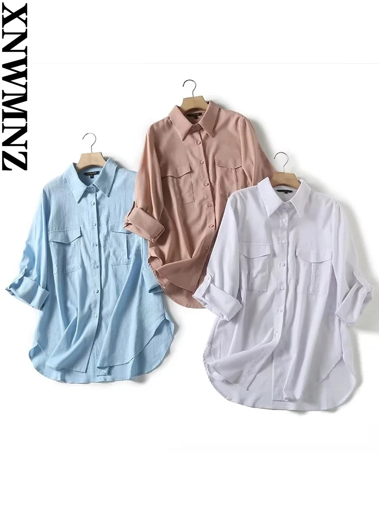 

XNWMNZ Women's Fashion 2023 Linen Blend Shirt Women Vintage Lapel Rollable Long Sleeve Pocket Office Lady Chic Female Top