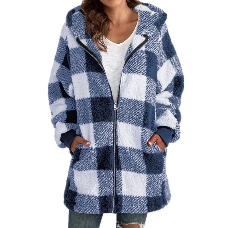 

2023 New Plush Women's Coat Long Sleeve Fashion Plaid Zipper Hoodie Pocket Loose Mid Length Ladies Jacket Street Quilted Coat