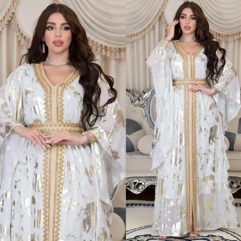 Spring Autumn Muslim Fashion V-neck Long Sleeve Polyester Red Blue White Long Abaya Muslim Elegant Abaya with Belt Abaya Dress
