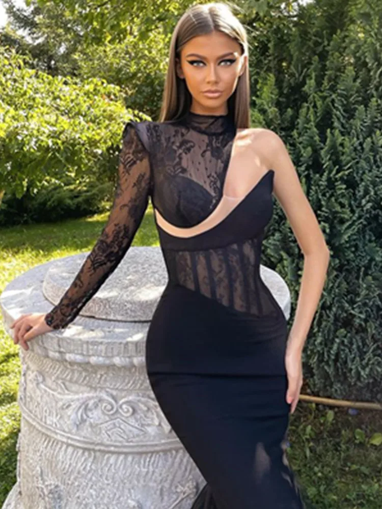 New Women Spring Fashion Sexy Turtleneck Long Sleeve Lace Midi Black Bandage Dress 2023 Elegant Evening Club Party Dress