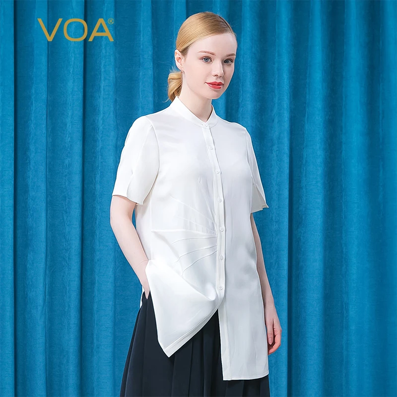 

(Fans Exclusive Discount) VOA Silk White Stand Collar Short Sleeve Blousre Single-breasted Asymmetric Midi Shirt Women Top BE562
