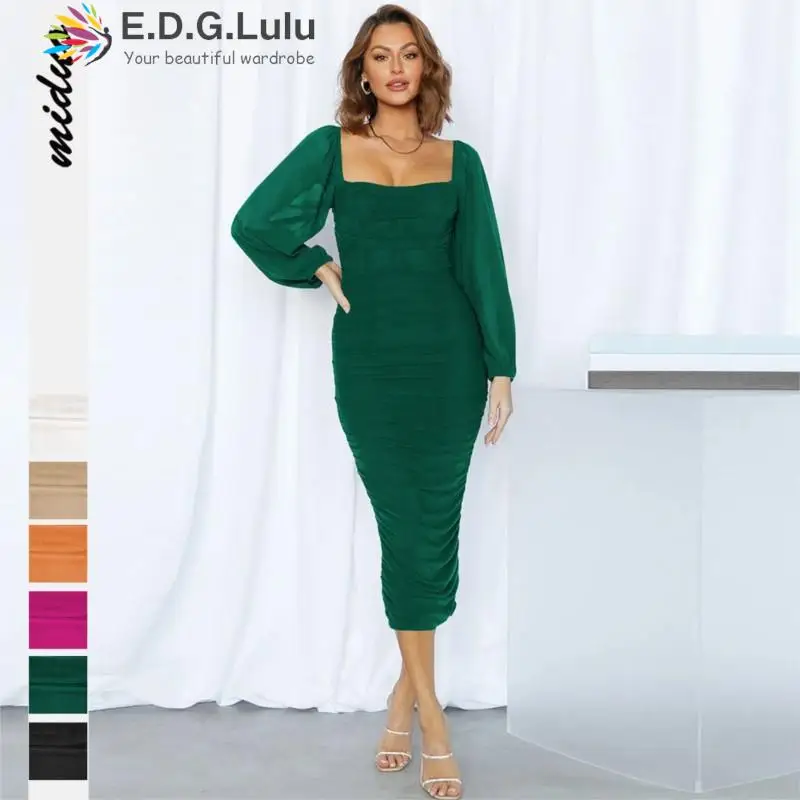 

EDGLuLu Autumn Square Neck Long Sleeves Dresses For Women 2023 Puff Sleeve Ruched Bodycon Dress Elegant Black Long Dress 0818