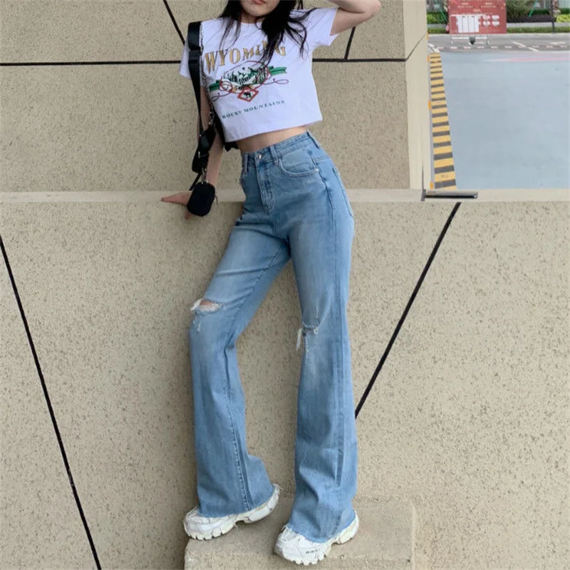 

Blue Plus Size Washed American Vintage Trend Hole Ripped High Waist Women Jeans Femme Casual Office Street Wide Leg Denim Pants