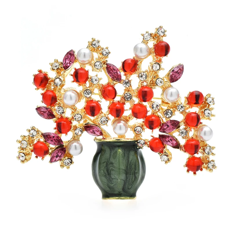 

Wuli&baby Beauty Red Flowers Brooches For Women Unisex Pearl Resin Vase Plants Party Office Brooch Pin Gifts