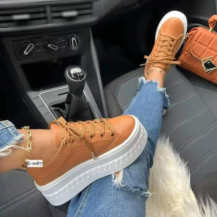 Ladies Sneakers 2023 Spring Autumn New Ladies Casual Shoes Outdoor Thick Sole Lace Up Flats Solid Color Fashion Shoes for Women