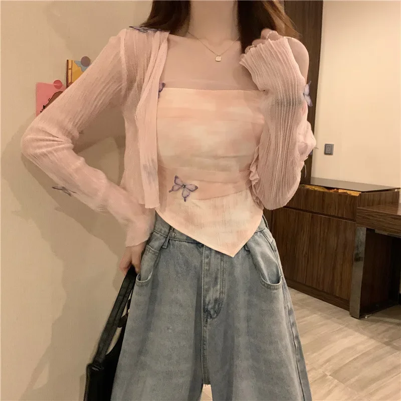 Летние сладости в корейском стиле вязаный кардиган с бабочками укороченная