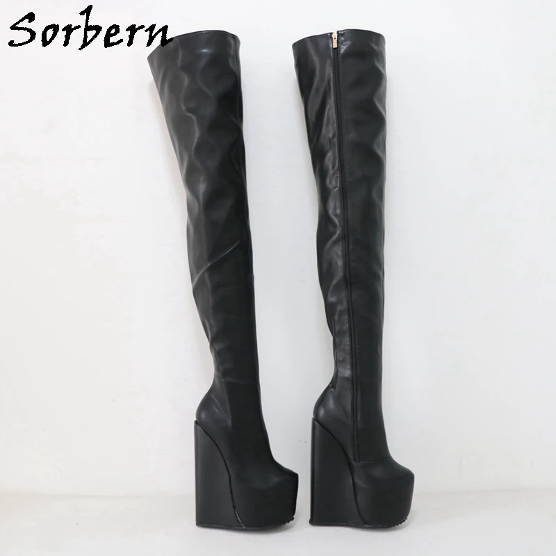 Sorbern 22cm Crotch Thigh High Boots Unisex Wedges High Heels Platform Drag Queen Shoes DIY Wide Fit Calf Slim Fit Size 33-48
