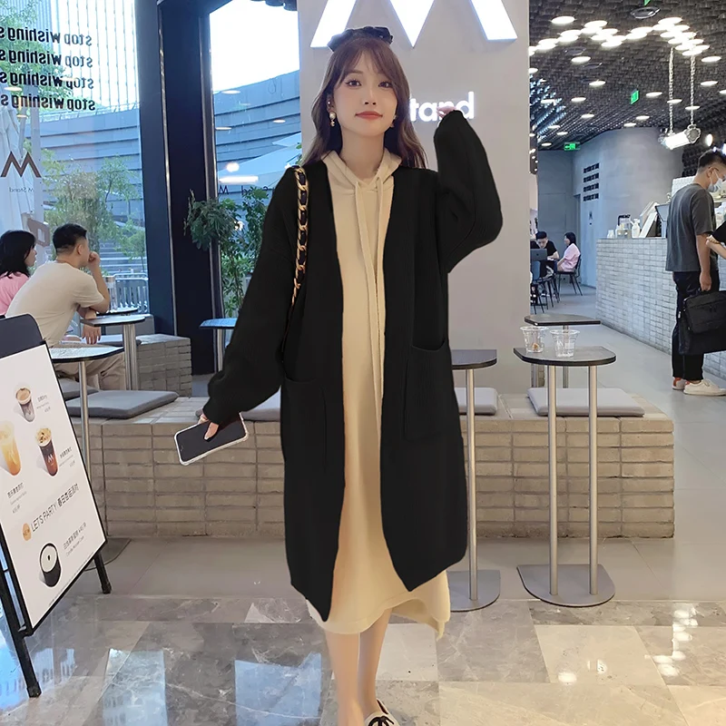 Korean Style Maternity Winter Clothes Sets Fashion Pregnant Women Knit Coat Hooded Loose Knit Dress Plus Size Maternity Twinset