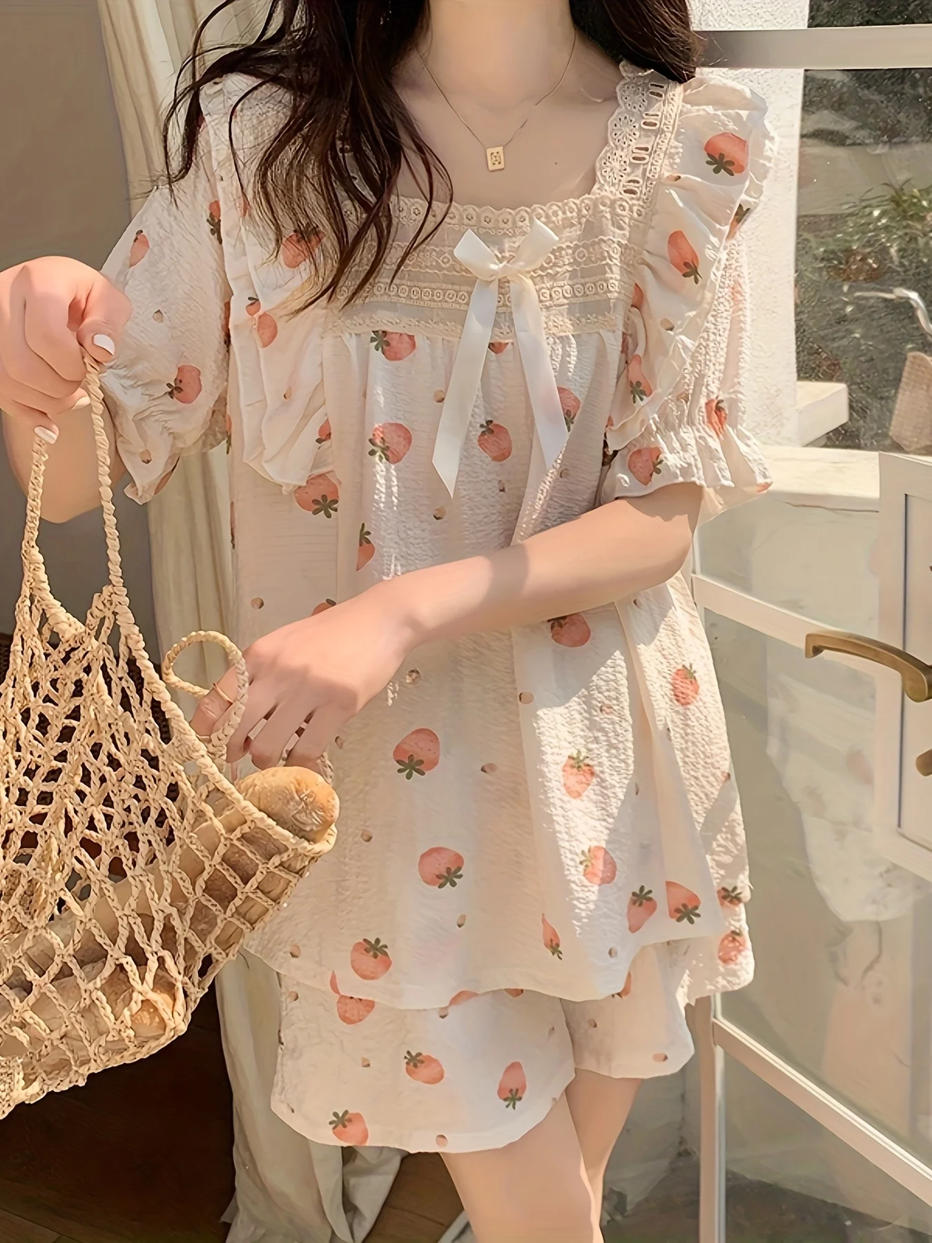 Очаровательный Летний Пижамный Комплект Для Женщин С Клубничным Принтом Топ Из