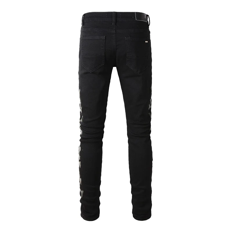 Men's Distressed Black Brand Skinny Stretch High Streetwear Fashion Slim Fit Blank Bones Patches Ripped Jeans