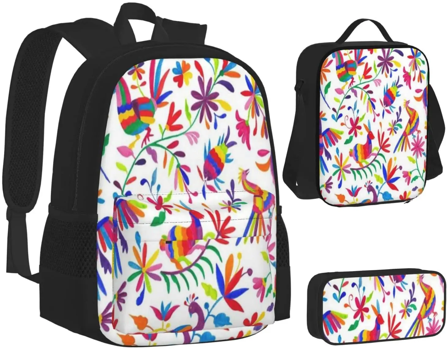 Mexican Art Painting Schoolbag Travel Bag Casual Daypack Lunch Bag Pencil Case for Boys Teens Girls 3pcs Sets