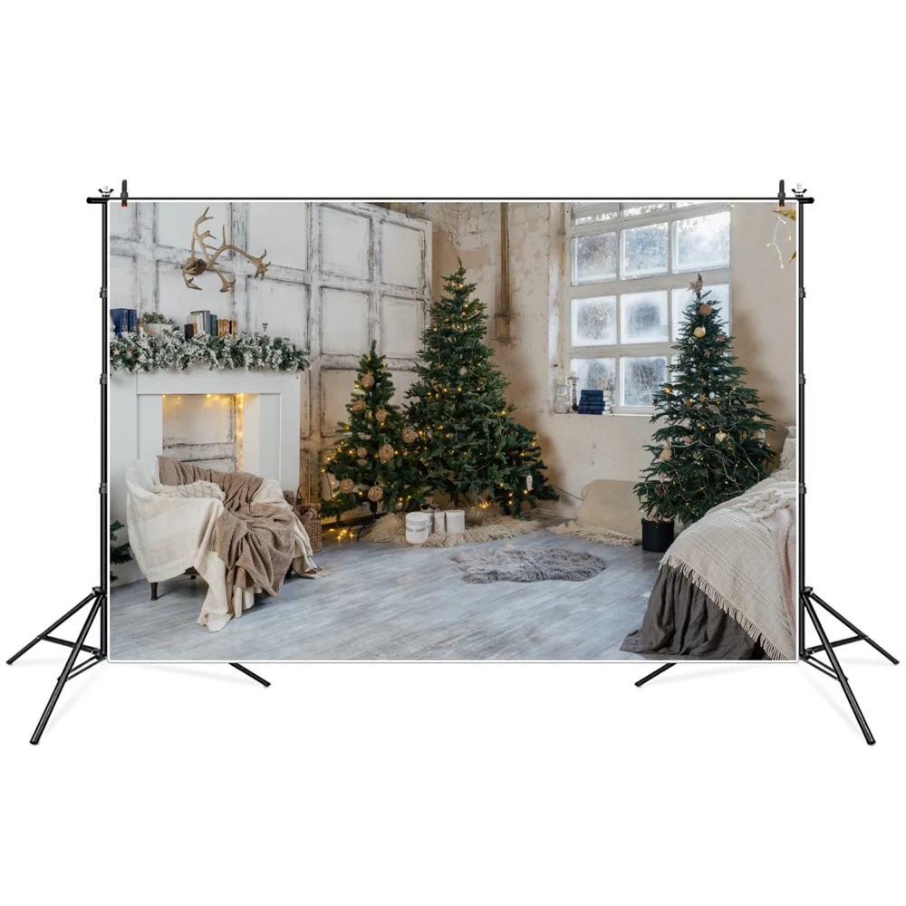 

Christmas Tree Garland Fireplace Room Interior Photography Backdrops Custom Baby Party Decoration Photo Booth Studio Backgrounds