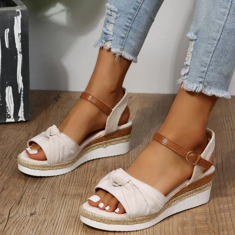 

Summer Wedges Sandals Women 2022 Open Toe Flock Bowtie Platform Gladiator Shoes Woman Mix Color Non-slip Rome Sandalias