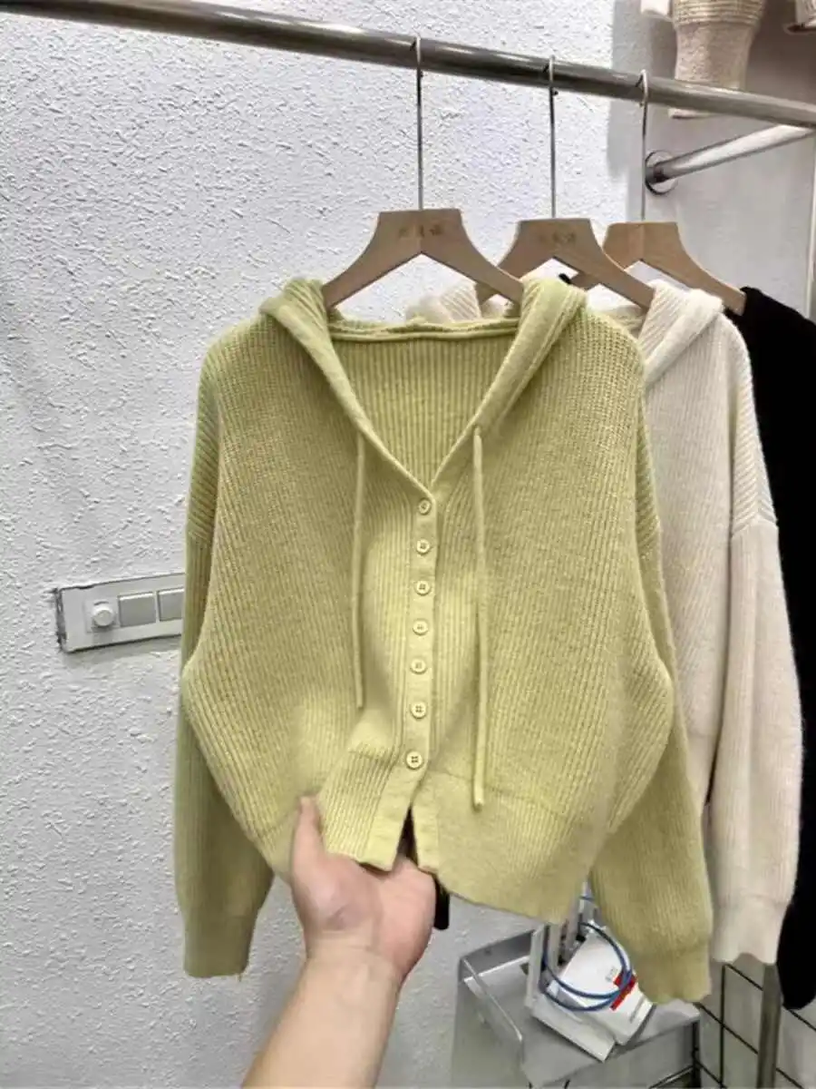 Осенний свитер с капюшоном для женщин мягкий однобортный Свободный вязаный