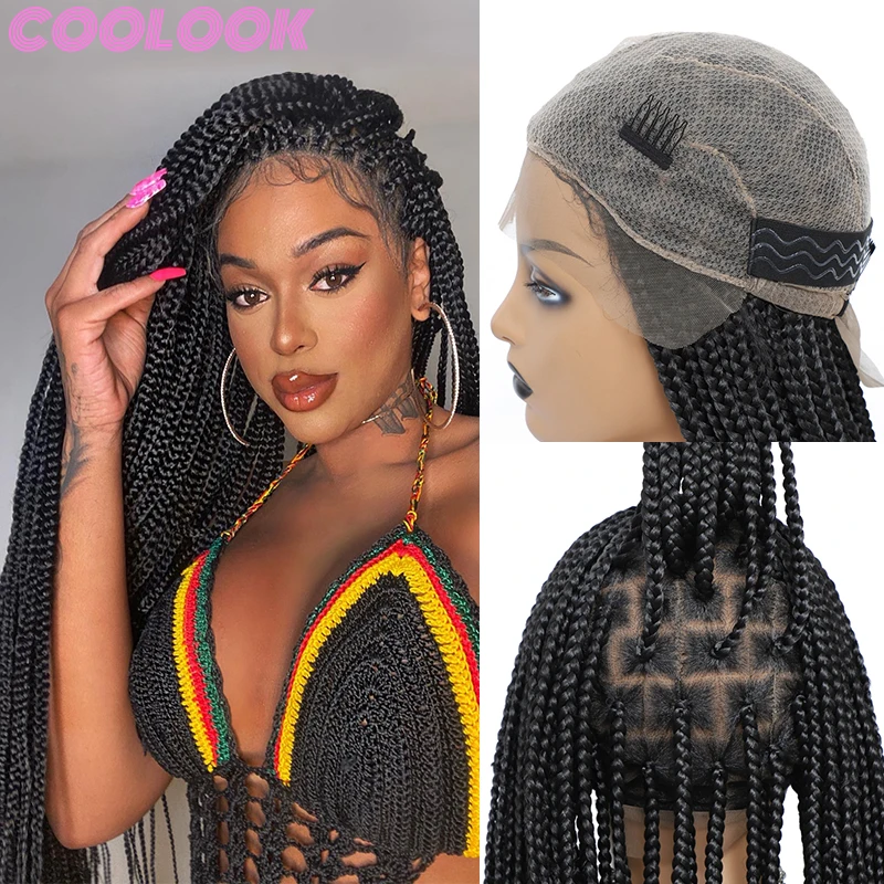 

36inch Box Braided Full Lace Frontal Wig Synthetic Lace Front Wigs for Afro Women Black Box Braids 13x8 Lace Female Wig Parrucca