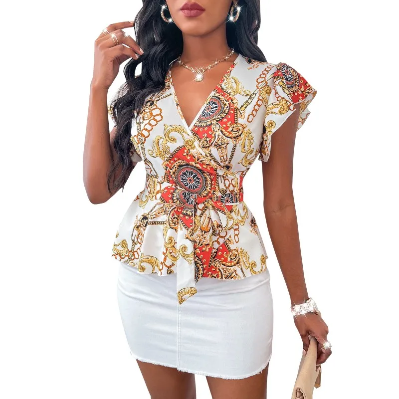 

Chiffon Shirts Women Tops Flying Sleeve V Neck Corset Tops Blusa Summer New Fashion Print Elegant Office Lady Short Blouse Tunic