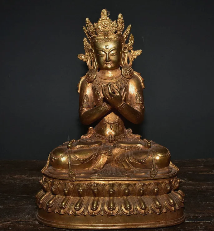 12 8-дюймовая старая тибетская бронза позолоченная статуя Амитаюса долголетия