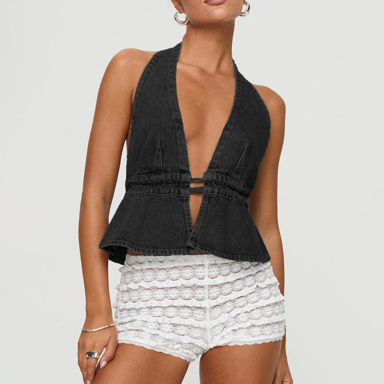 Женская ВИНТАЖНАЯ ДЖИНСОВАЯ майка с лямкой на шее топы без рукавов завязкой и