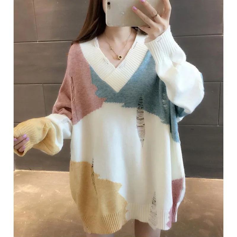 

2023 New Autumn and Winter Korean Edition Fashion Hollow Out V-neck Tie Dyed Loose Relaxed Oversized Underlay Knitted Sweater