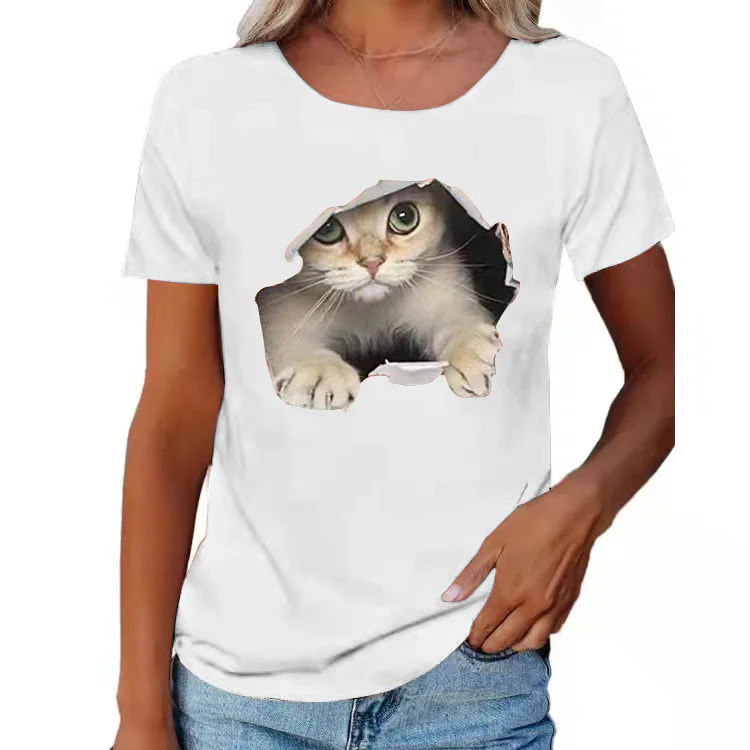 

2022 Summer Large Size 5xl Cotton Women's Top Fashion O-Neck Short Sleeve kitty Print Tops Female Casual Loose Ladies Clothes