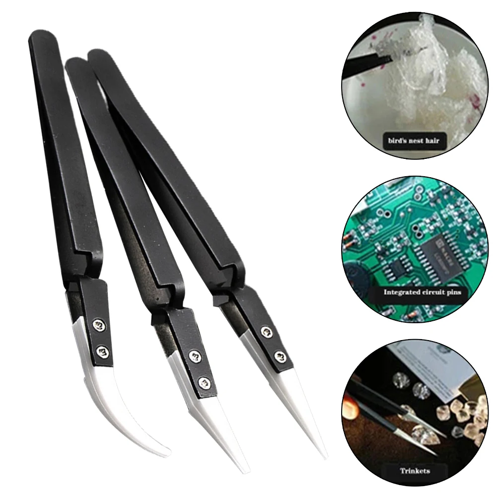 3pcs Ceramic Tweezers Non Conductive Anti-Static Reverse Tweezers Heat Resistant Hand Tool Straight/Curved Head