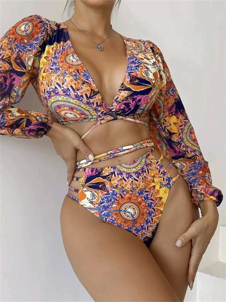 

Купальник-бикини женский с длинным рукавом и завышенной талией