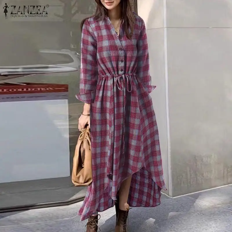 

ZANZEA Women Spring Sundress Irregular Casual Long Sleeve Baggy Vestdos Vintage Printed Plaid Shirt Dress Robe Femme Oversized