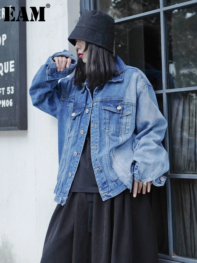 

[EAM] Loose Fit Blue Denim Big Sizr Color-block Jacket New Lapel Long Sleeve Women Coat Fashion Tide Spring Autumn 2022 1DE6754