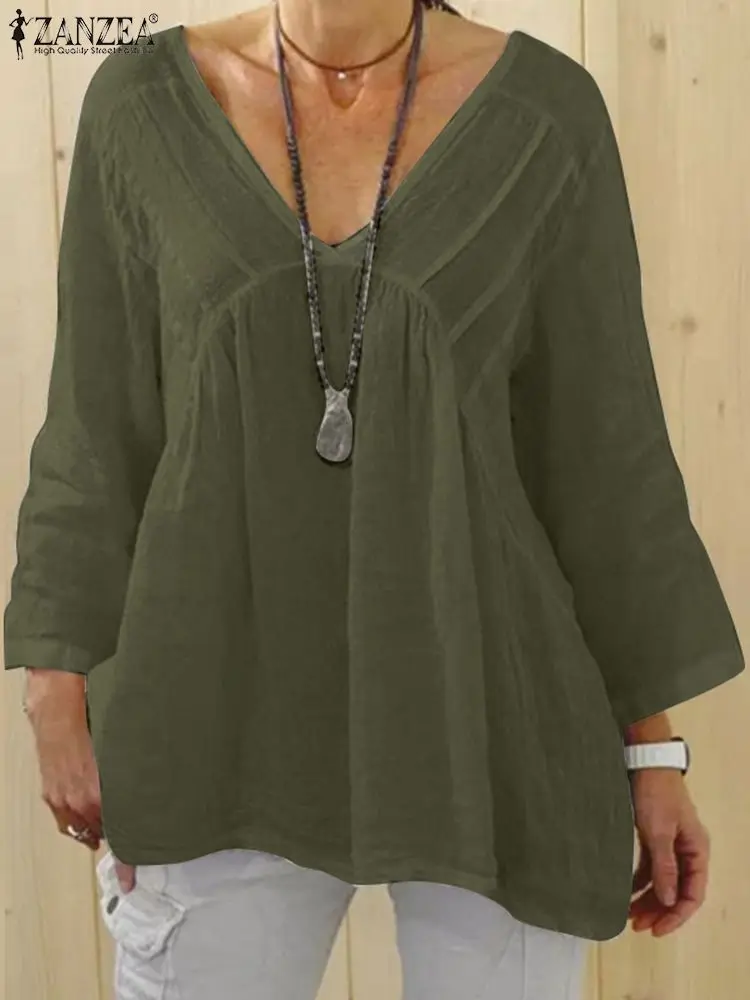 

2022 однотонные повседневные свободные мешковатые Топы с длинным рукавом и V-образным вырезом ZANZEA, Весенняя женская блузка, богемные модные э...