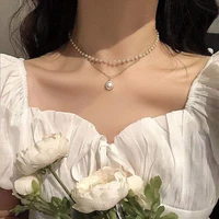 korean elegant pearl beads necklace for women ladies fashion rhinestone shell heart pendent necklace choker jewelry