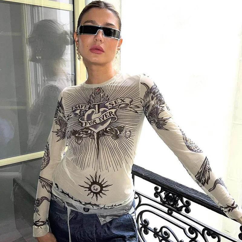 

New Women Mesh Fabirc Sexy See Through T-shirt Summer Letter Printed Long Sleeve Tops Ladies O-neck Casual Tees