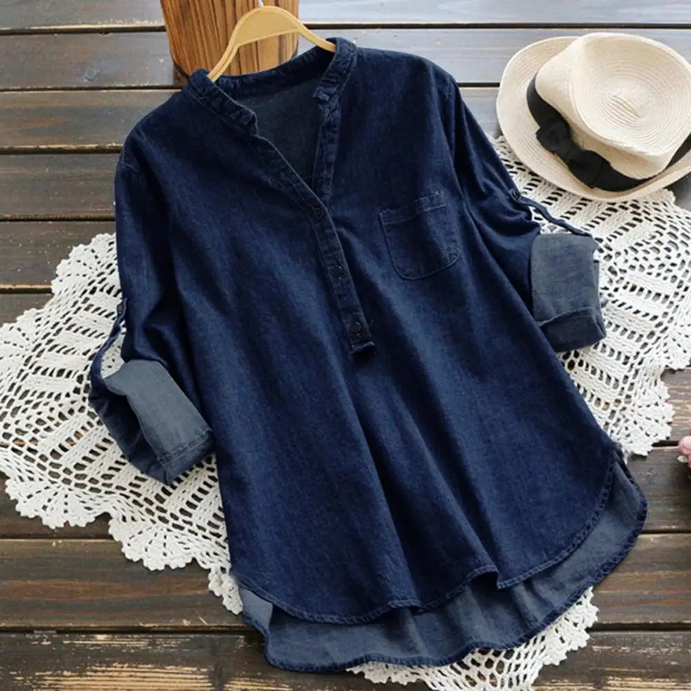 

Breathable Women Shirt Chic Streetwear Women's Loose Fit Denim Shirt with Stand Collar V-neck Buttoned Neckline Solid Color Long