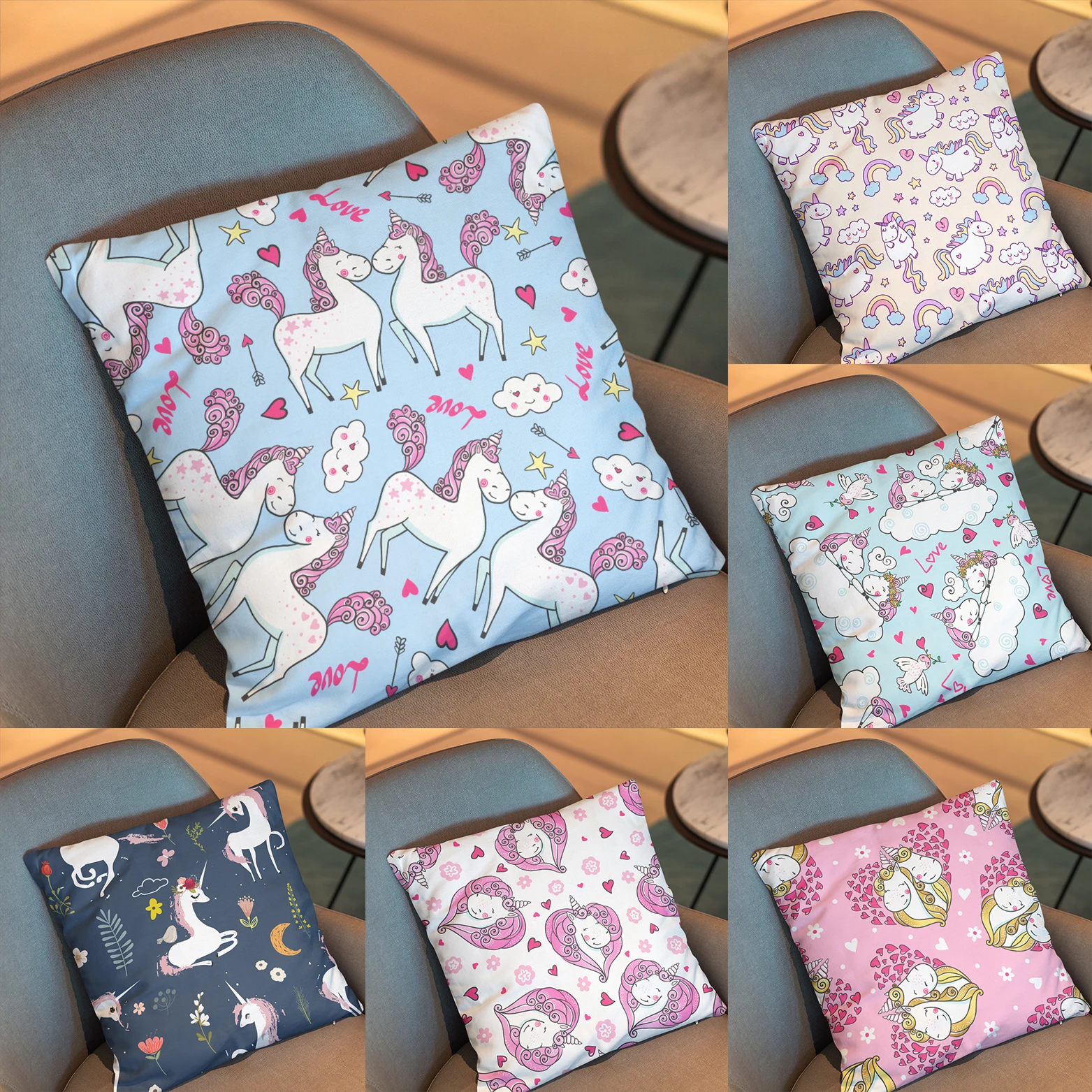 

3D Printing Fashion Cartoon Unicorn Pillow Case Short Plush Sofa Chair Bedside Decorative Cushion Cover Couple Sweet Pillowcases