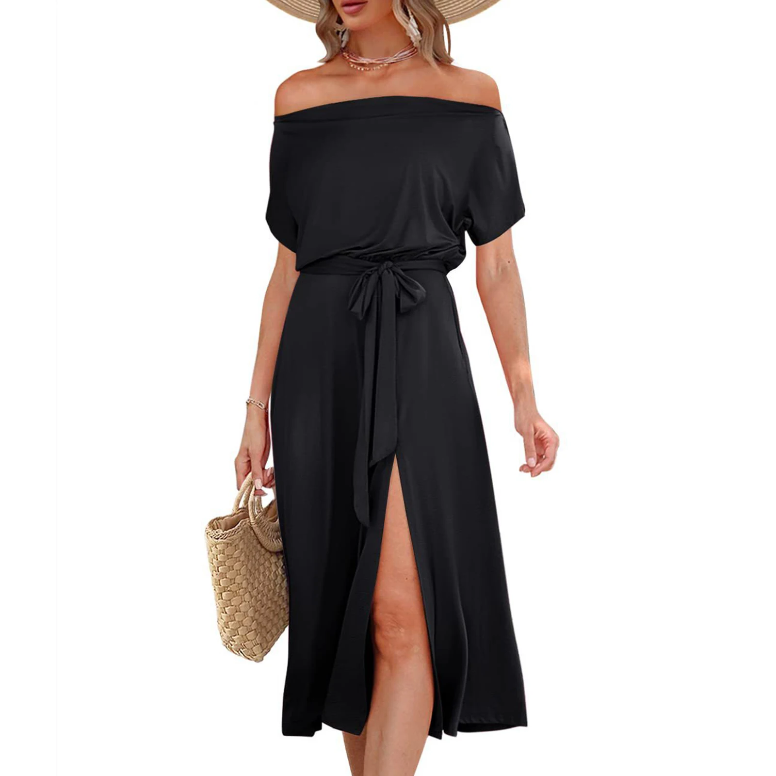 

Elegant Dresses For Women Off Shoulder Short Sleeve Tie Waist Split Midi Dress Summer Retro High Waist Soild Party Dress