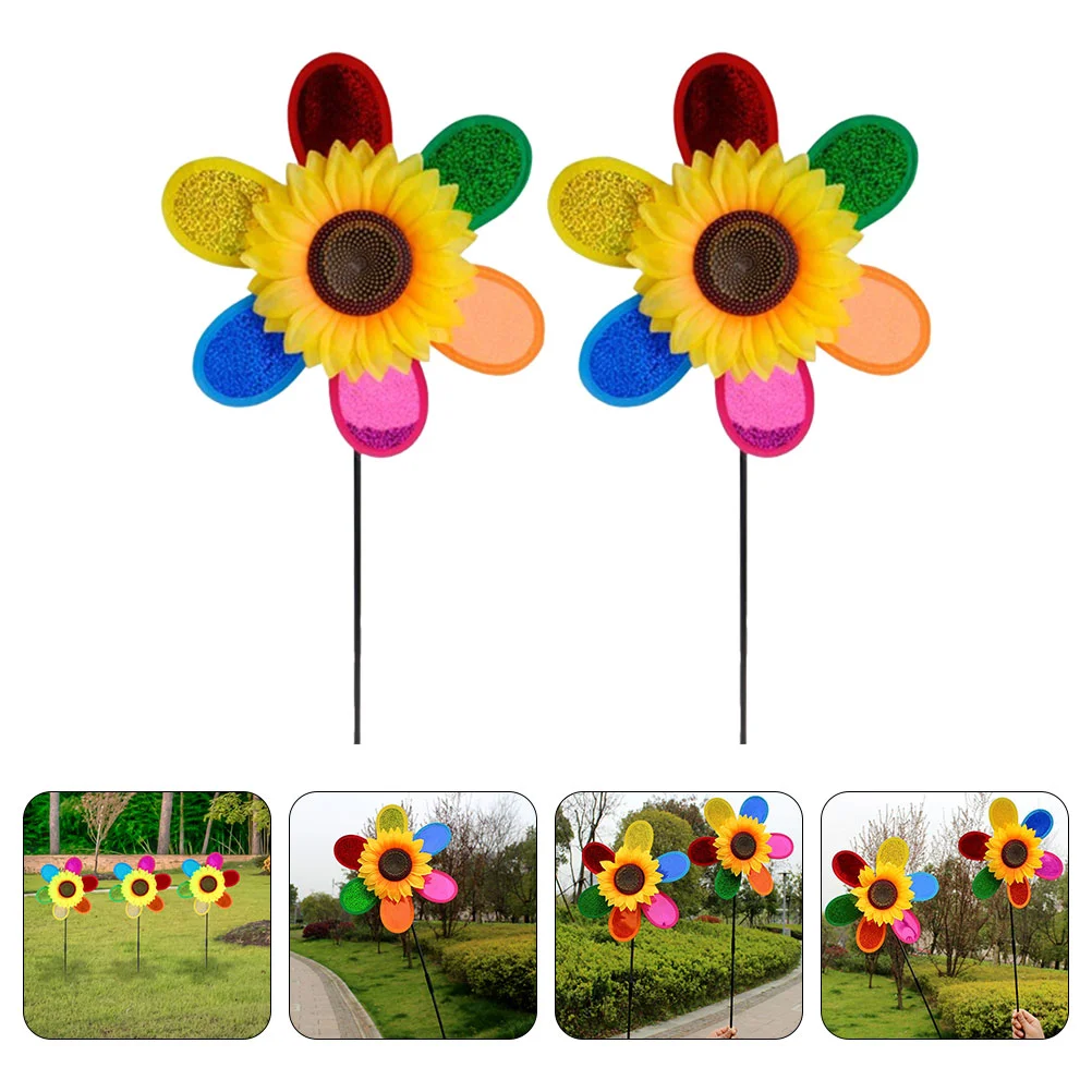 

2 Pcs Yard Windmill Outdoor Playset Pinwheel Garden Toys Colorful Sequins Pinwheels Bird Sunflower Whirling