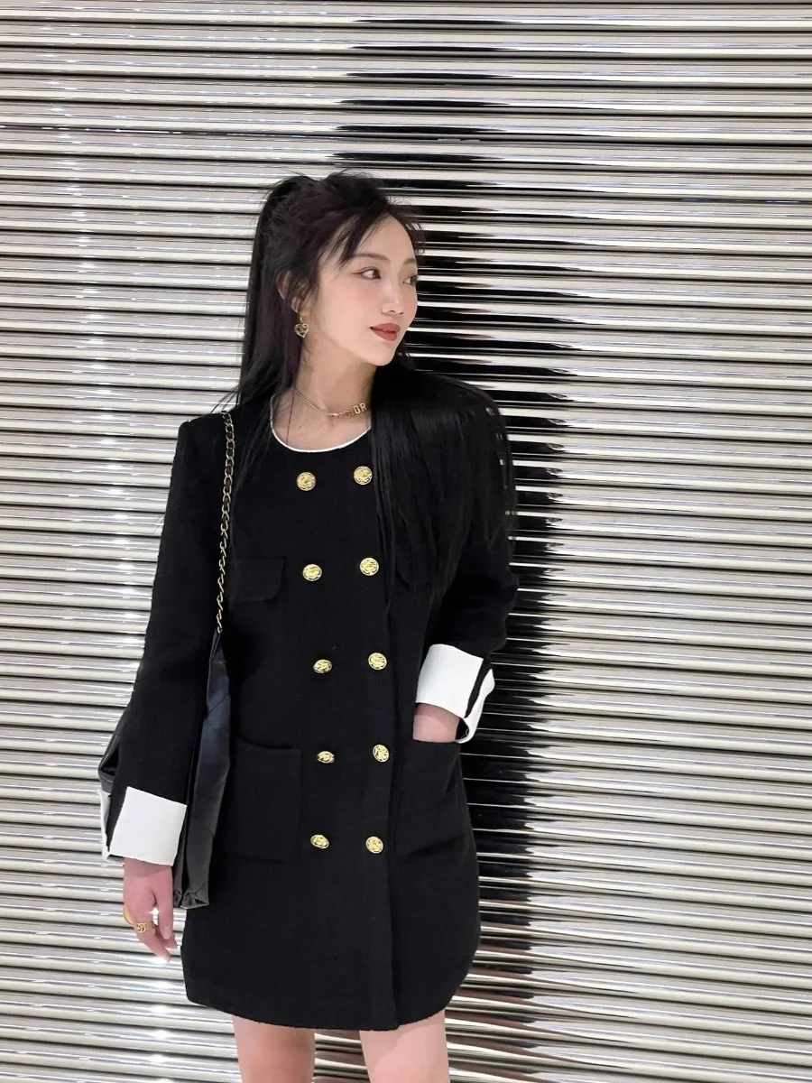 Plus Size Retro Double Breasted Black Dress Women 2024 Autumn and Winter Plus size Chubby Girl High-Grade Temperament Slimmin...