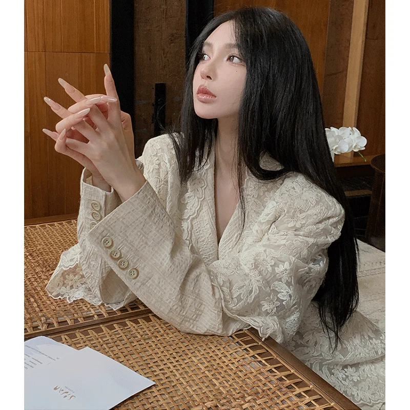 MiiiiX повседневный льняной текстурированный костюм-тройка кружевной кардиган