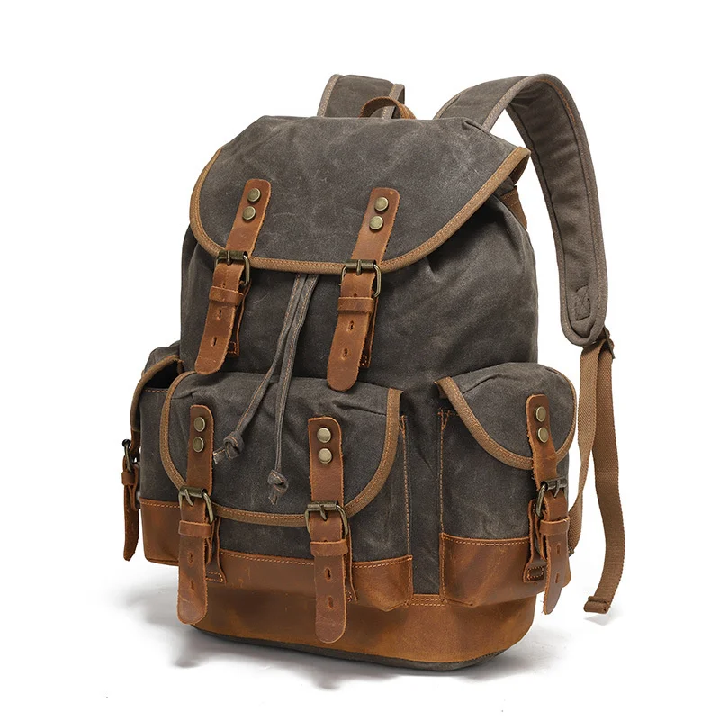 

Waxed Canvas Backpack Men's outdoor shoulder casual student bag large capacity travel backpack canvas leather climbing bag